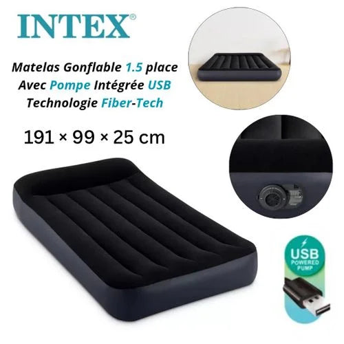 Intex Matelas Gonflable 1.5 Place Avec pompe intégrée électrique USB 191 x 99 x 25cm pour Camping Plage et Maison – 66127