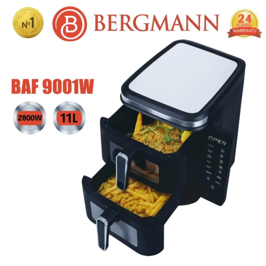 Bergmann Friteuse Air Fryer Sans Huile Double Bac Vertical Avec Fenêtre – 11 L 2800 W Bergmann BAF 9001W