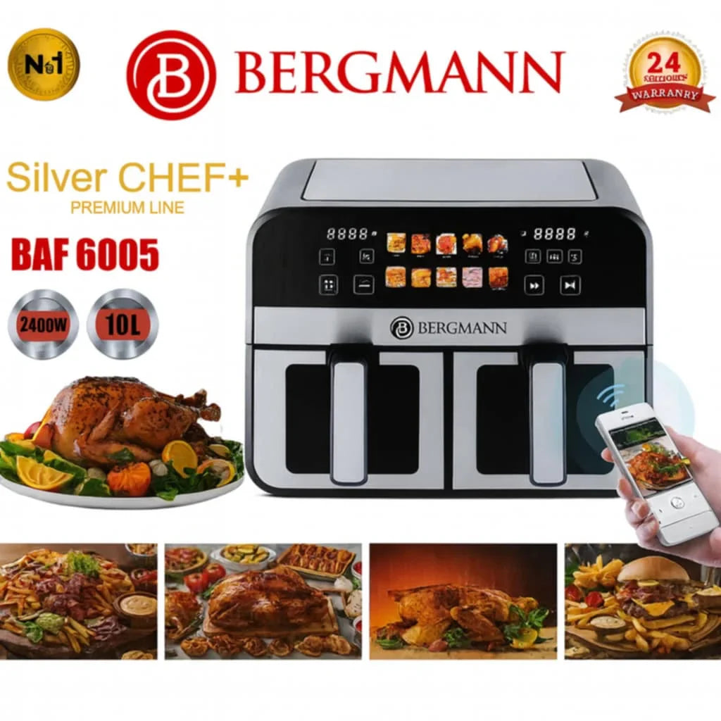 Friteuse Smart sans huile inox 10L Double Bac Avec Fenêtre Visible 2400W Bergmann BAF 6005