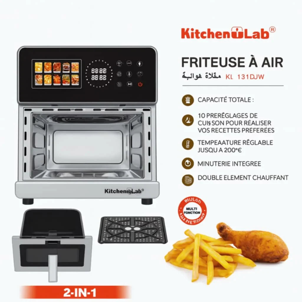 AirFryer inox XL 8L 2150W Double Résistances Avec 10 Programmes 200° KitchenLab KL101DUW