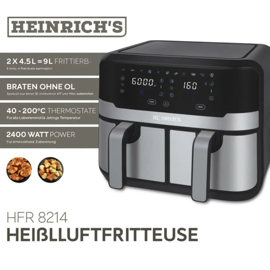 AirFryer inox Double BAC 9L ” 2 X 4.5L ” 2400W 200° Heinrich´s Germany HFR 8214